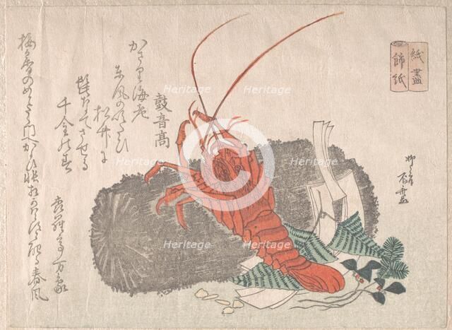Lobster on a Piece of Charcoal with Other New Year Decorations, 19th century., 19th century. Creator: Shinsai.