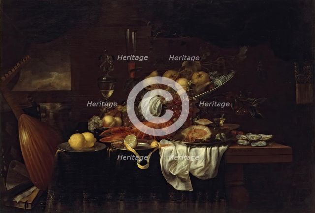 Lobster, Oysters and Fruits on the Table, 1655. Creator: Joris van Son.