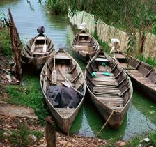 Local boats at an island on Lake Ioanina