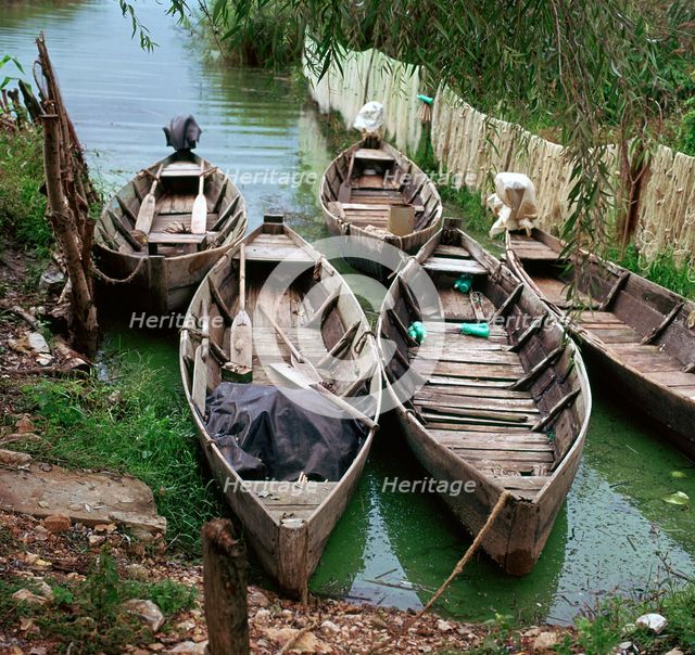 Local boats at an island on Lake Ioanina