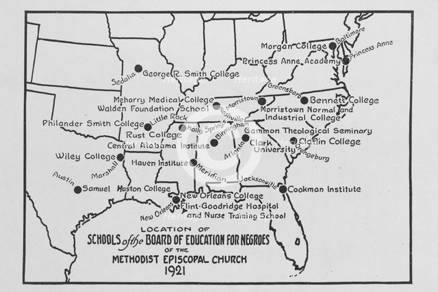 Location of schools of the Board of Education for Negroes of the Methodist Episcopal..., 1921, 1922. Creator: Unknown.