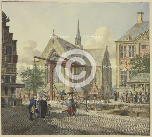 Lock gate by a church, with a veiled lady, an officer, and a lady with a boy on the left, 18th cent. Creator: Johannes Huibert Prins.