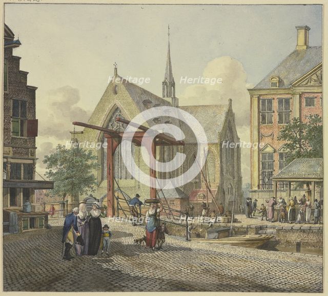 Lock gate by a church, with a veiled lady, an officer, and a lady with a boy on the left, 18th cent. Creator: Johannes Huibert Prins.