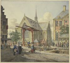 Lock gate by a church, with a veiled lady, an officer, and a lady with a boy on the left, 18th cent. Creator: Johannes Huibert Prins