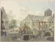 Lock gate by a church, with a customs house nearby, 18th century. Creator: Johannes Huibert Prins