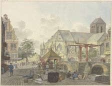 Lock gate by a church, with a customs house nearby, 18th century. Creator: Johannes Huibert Prins