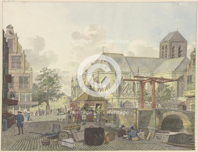 Lock gate by a church, with a customs house nearby, 18th century. Creator: Johannes Huibert Prins.