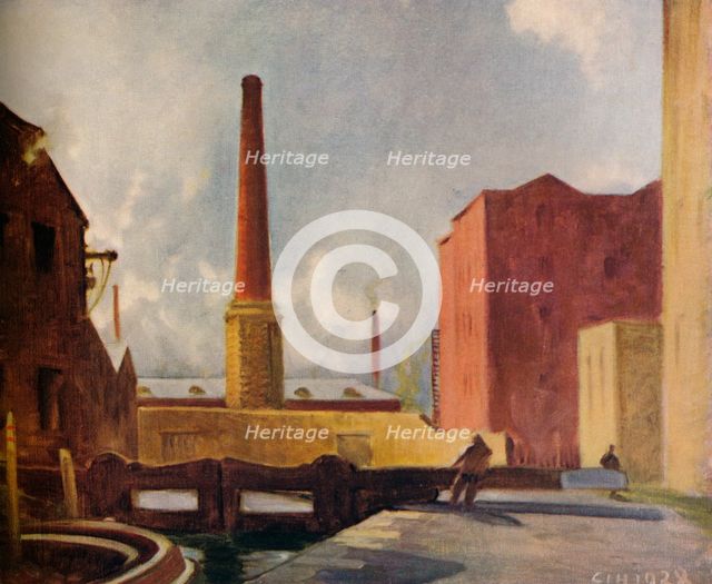 'Lock Gates, Blackburn', 1928 (1931). Artist: Charles John Holmes.