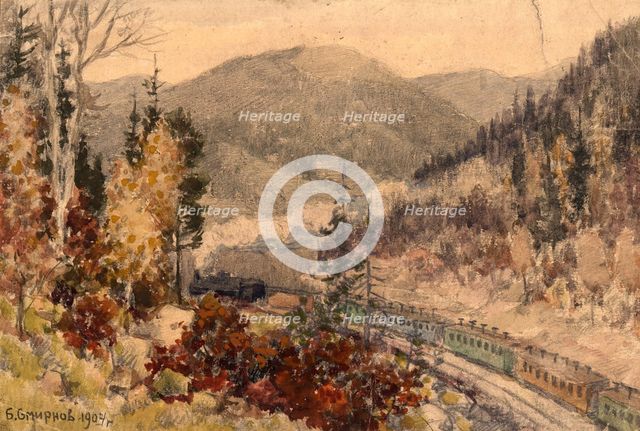 Locomotive in the Ural Mountains near Zlatoust, 1904. Creator: Boris Vasilievich Smirnov.