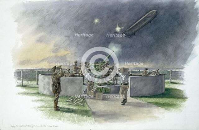 Lodge Hill Battery, firing at German zeppelin during First World War, c1910s, (c1980-2010). Artist: Peter Dunn.