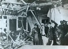 Loerzer, Göring and Bormann inspecting bomb damage at Wolf's Lair, World War II, 1944. Creator: Unknown