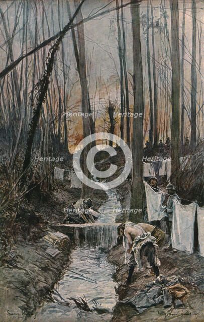 'L'offensive Francaise d'avril-mai 1917; Dans le bois de Roucy (Aisne): la toilette du..., 1917. Creator: Francois Flameng.