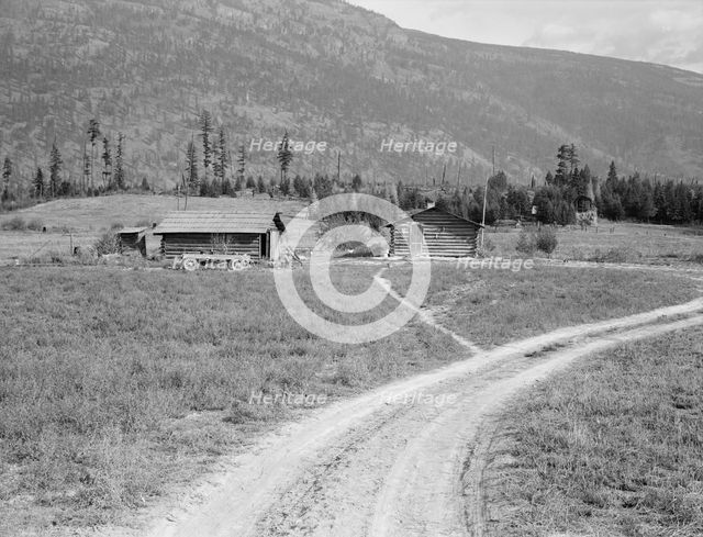Log buildings and cleared land on FSA borrower's place, Boundary County, Idaho, 1939. Creator: Dorothea Lange.