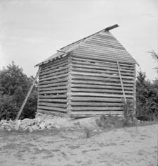 Log cabin barn under construction, near Concord, Person County, North Carolina, 1939. Creator: Dorothea Lange