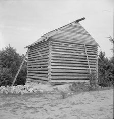 Log cabin barn under construction, near Concord, Person County, North Carolina, 1939. Creator: Dorothea Lange