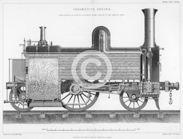 Longitudinal section of a typical British passenger steam locomotive, 1888. Artist: Unknown