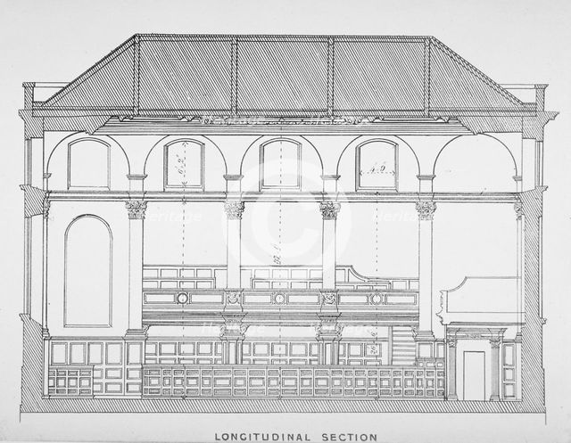 Longitudinal section of the Church of St Clement, Eastcheap, City of London, 1860. Artist: Anon