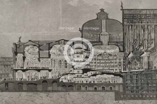 Longitudinal section of the Theatre of Palais Garnier, Opera House. Paris, France, 1898. Creator: Unknown.