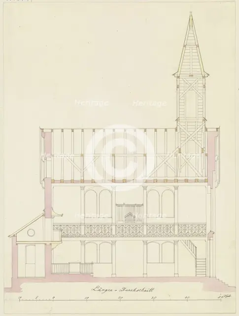 Longitudinal section through a church for the parish of Friedrichsdorf, 1825. Creator: Heinrich Hübsch.
