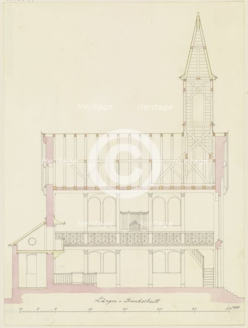 Longitudinal section through a church for the parish of Friedrichsdorf, 1825. Creator: Heinrich Hübsch.