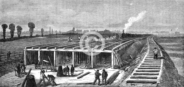 London Main Drainage: Constructing the concrete embankment across the Plaistow Marshes..., 1861. Creator: Unknown.
