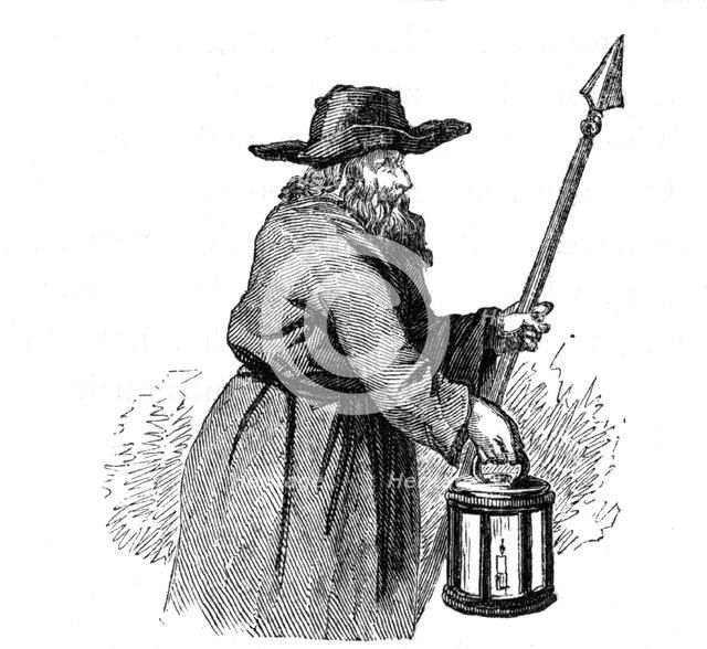 London nightwatchman going through the streets with his pike and lantern, 1569. Artist: Unknown