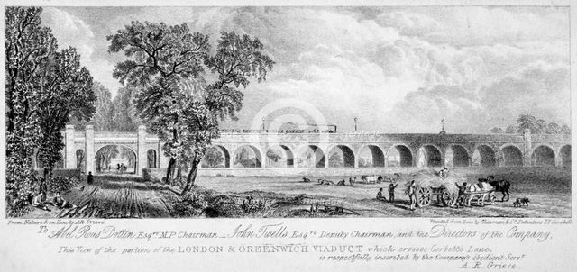 London and Greenwich Viaduct, Bermondsey, London, 1835.                                Artist: Chapman & Co