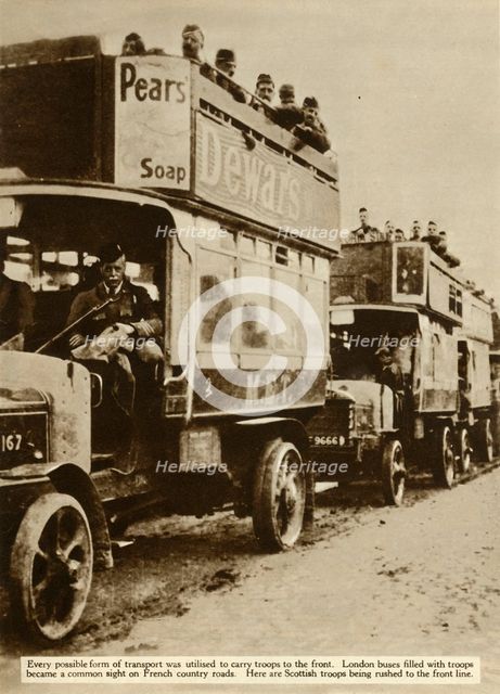 London buses taking Scottish troops to the front, First World War, 1914, (1935). Creator: Unknown.