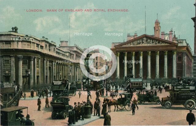 'London, Bank of England and Royal Exchange', c1910. Artist: Unknown.
