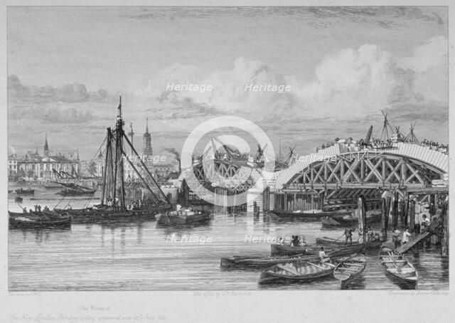 London Bridge under construction, 1827. Artist: George Cooke