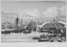 London Bridge under construction, 1827. Artist: George Cooke