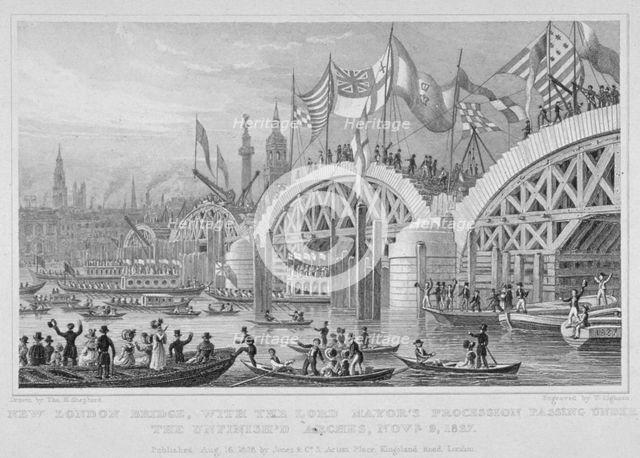 London Bridge, with the Lord Mayor's procession passing under the unfinished arches, 1827. Artist: Thomas Higham