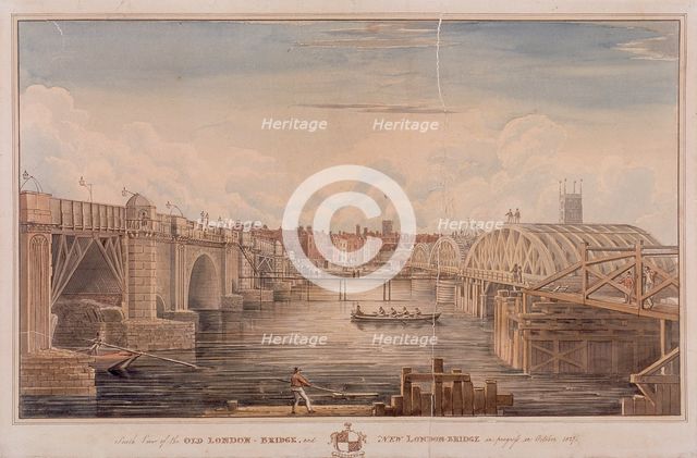 London Bridge (old and new), London, 1827. Artist: G Yates