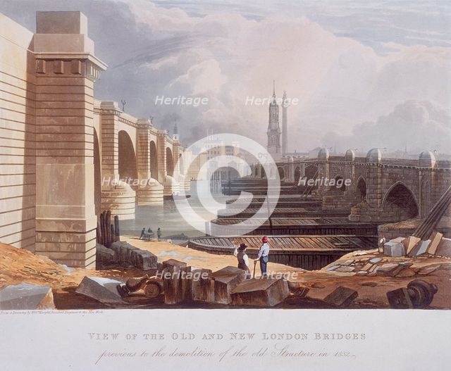 London Bridge (old and new), London, 1832. Artist: Anon
