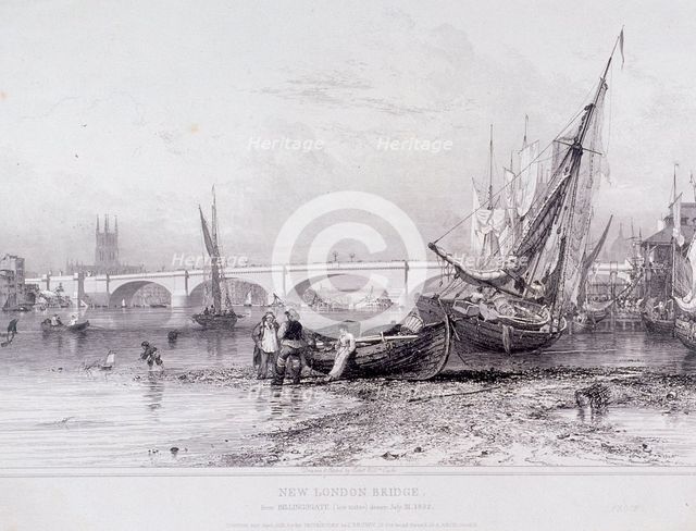 London Bridge (old and new), London, 1833. Artist: Edward William Cooke