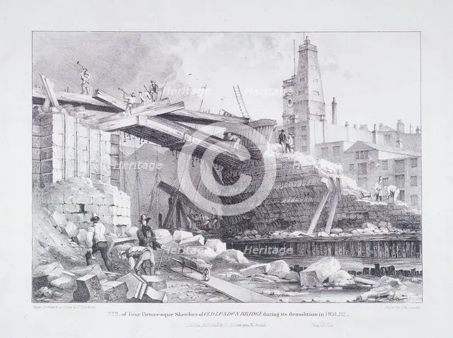 London Bridge (old), London, 1832. Artist: Charles Joseph Hullmandel