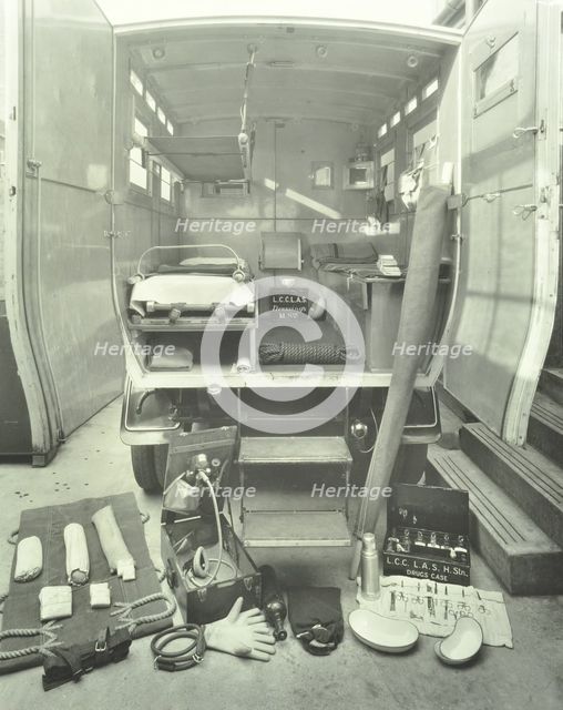 London County Council ambulance interior and equipment, 1925. Artist: Unknown.
