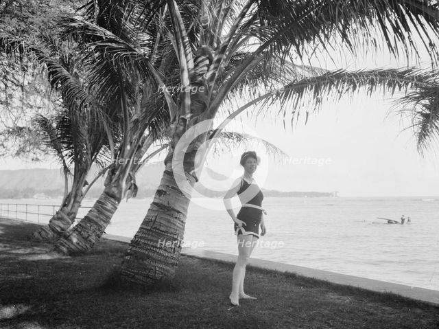 London, Jack, Mrs., by the beach, ca. 1918. Creator: Arnold Genthe.