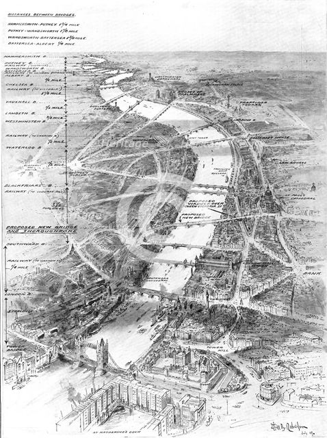 London's bridges - are they too far apart?, 1909. Creator: William B. Robinson.