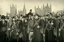 London's Response - The City Imperial Volunteers Crossing Westminster Bridge 1900. Creator: Allan Stewart