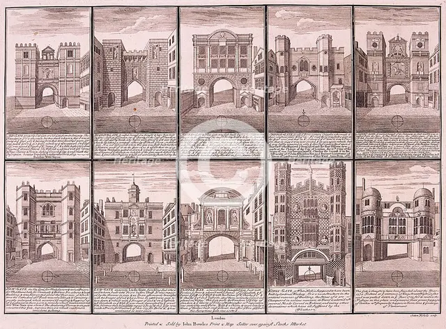 London's ten City Gates, 1720. Artist: Sutton Nicholls
