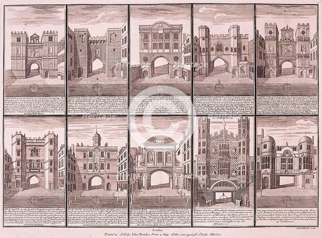 London's ten City Gates, 1720. Artist: Sutton Nicholls