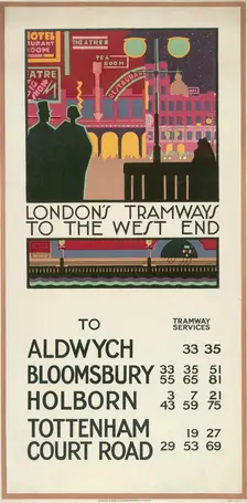 London's Tramways to the West End London County Council (LCC) Tramways poster, 1927. Artist: P Irwin Brown