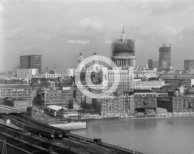 London skyline looking north-east from Blackfriars railway bridge, 03/03/1966. Creator: John Laing plc.