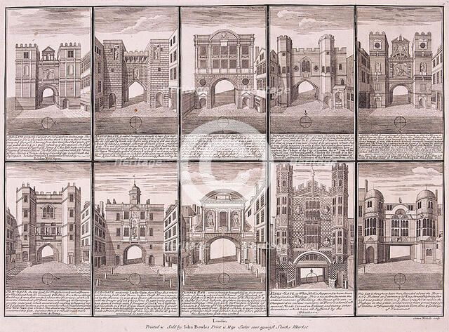 London's ten City Gates, 1720. Artist: Sutton Nicholls