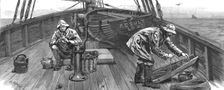 Long-line fishing in the North Sea, on deck baiting the lines 1886. Creator: Unknown