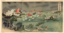 Long Live the Japanese Navy and Army! The Great Battle near Weihaiwei (Nihon kairiku..., 1895. Creator: Kobayashi Ikuhide