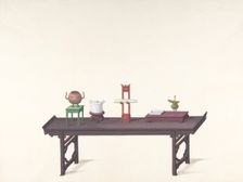 Long, Low Purple Lacquer Table with Objects, 19th century. Creator: Anon