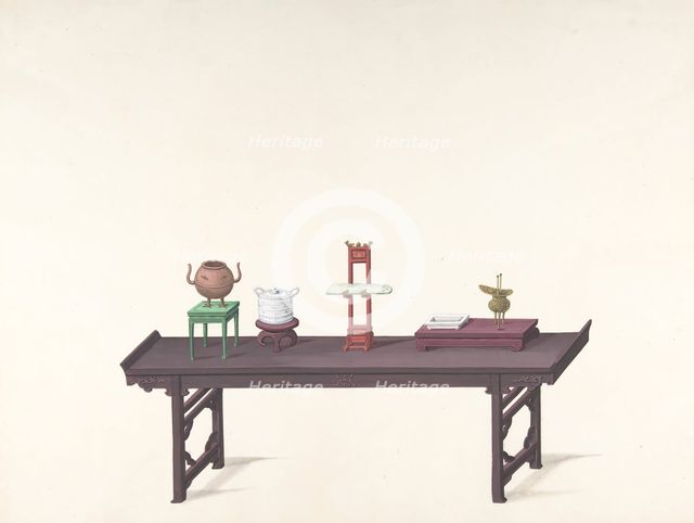 Long, Low Purple Lacquer Table with Objects, 19th century. Creator: Anon.