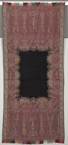 Long Shawl with Black Center and Exotic Four-Sided Gallery in Chinoiserie Style, 1840s. Creator: Unknown